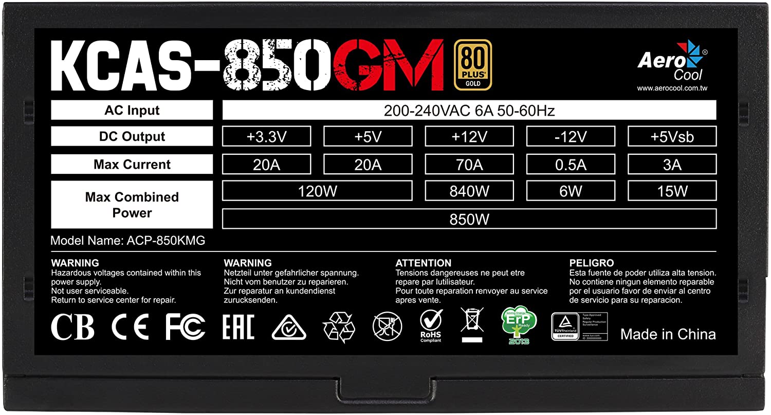 Fuente de alimentación AeroCool 850W Kickass 850GM